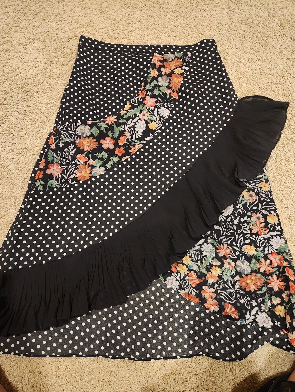 Lea & Viola Black and White Polka Dot Midi Skirt with Floral Panels, Size 6